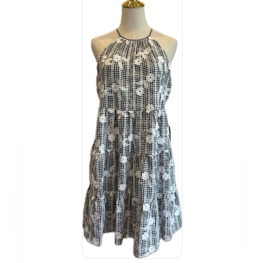 Eliza J NWT Black and White Gingham Floral Embroidered Halter Dress 8